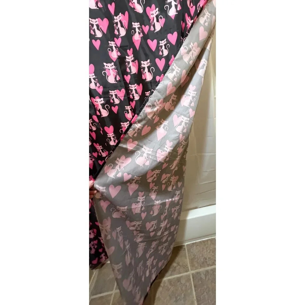 Unbranded Pink & Black Cats/Hearts Pattern Shower Curtain 100% Polyester 70x70.5